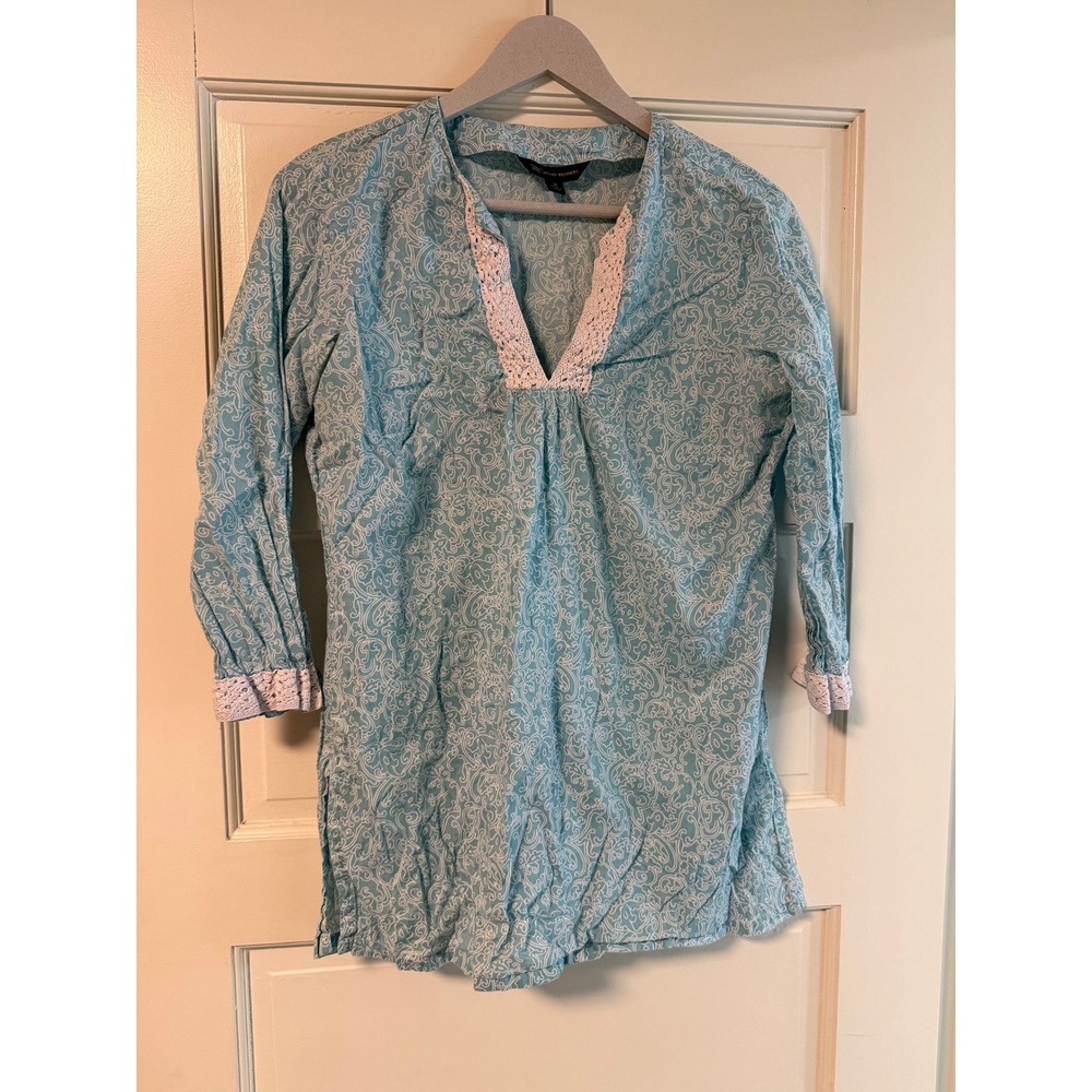 Brooks Brothers 346 Womens Blue White Paisley Cotton Lace Trim Tunic Top Size M